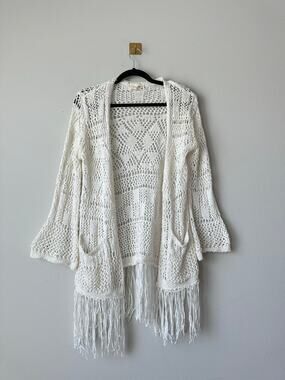 Wool Blend Crochet Fringe Cardigan M/L Ivory Boho Bell Sleeve Duster Beach